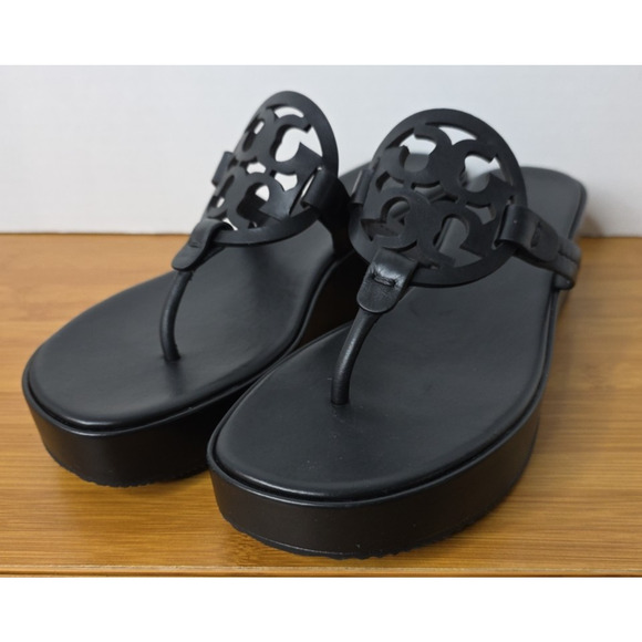 TORY BURCH Miller Wedge Platform Leather Sandals Black Excellent US 9.5M - Picture 1 of 16